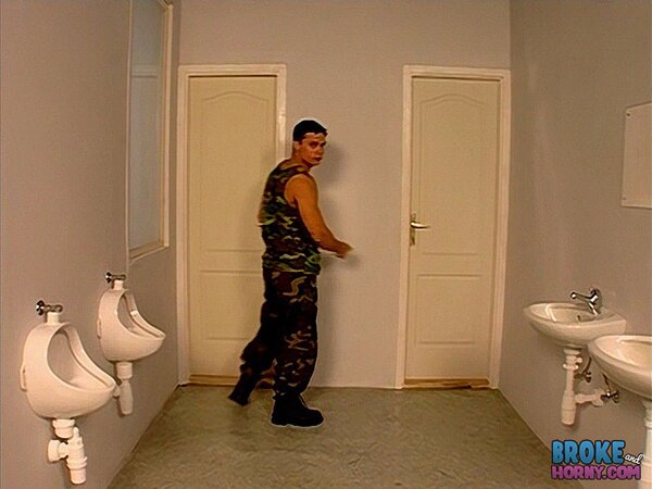 Army Lad Jerks In The Bathroom Mirror