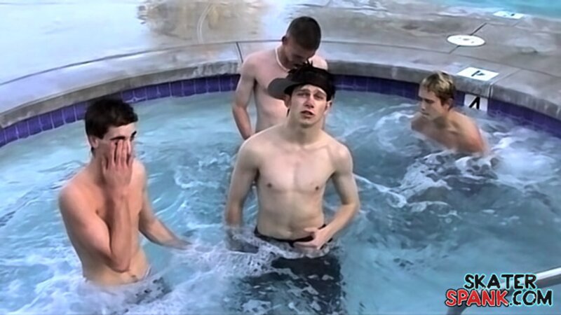 Slim twinks Brandon Keene, Evan Heinze, Grant Hiller and Ian play in the pool