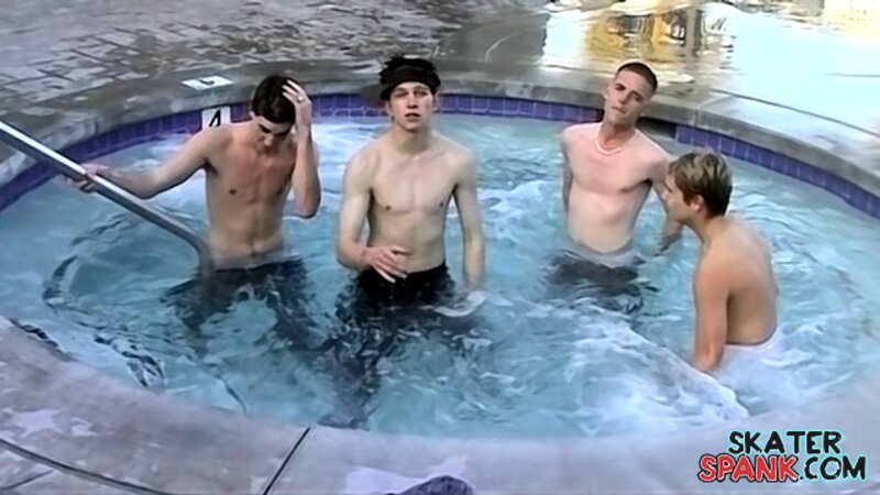 Slim twinks Brandon Keene, Evan Heinze, Grant Hiller and Ian play in the pool