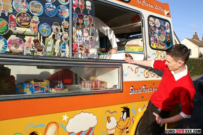 Jason Sutton and Bradley Hayden pound Aaron Aurora in the ice cream van