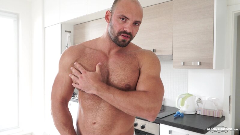 Bald muscle hunk Thomas Friedl showcases his jerking skills