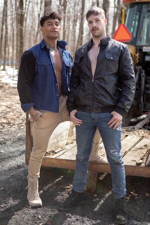 Upton Sterling rides Kenzo Alvarez thick dick on the wooden trailer