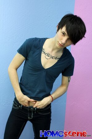 Emo twink strips and and shows tattoos on camera