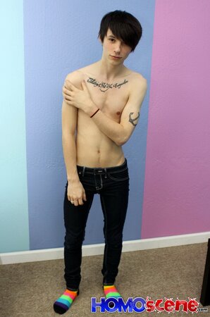 Emo twink strips and and shows tattoos on camera