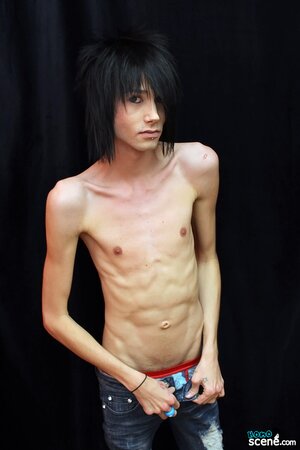 Emo hairdresser Brandon White teases the camera with his slim body