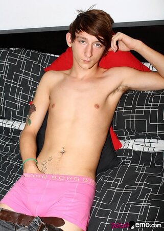 Cute emo boy Max Brown shows off his big uncut cock and jerks it hard