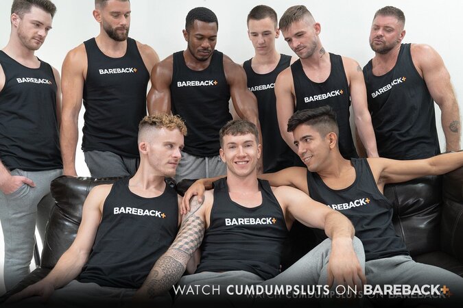 Cumdump Finn August is surrounded by a group of hot DILFs and twinks