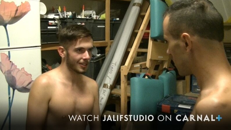Juan Perez fucks David Luca’s smooth ass raw in a messy garage