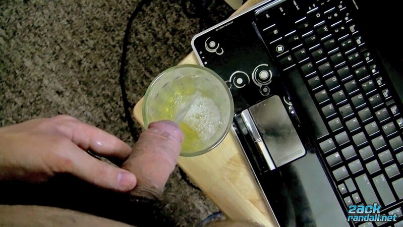 Zack Randall pees in a pint glass then sucks his own uncut cock