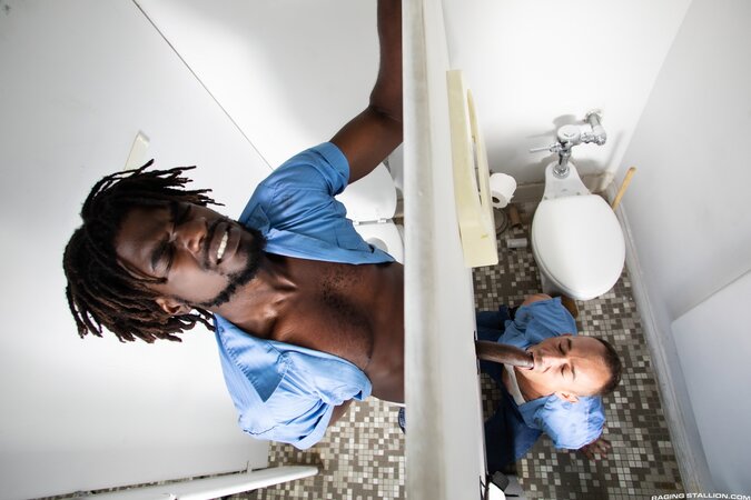 Devin Trez and Kirk Cummings trade oral, anal, and messy loads in the stall