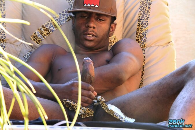 Moe Johnson wanks his big black cock outdoors