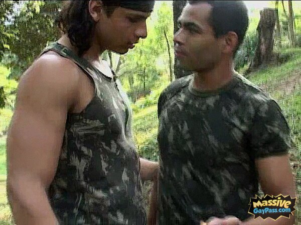 Jorge and Laun strip out of uniforms and fuck bareback in the woods
