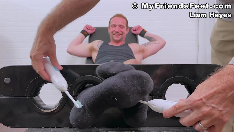 Bound Liam Hayes gets tickled from head to toe, socks on and off