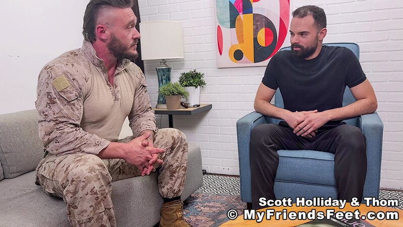 Thom massages, sniffs, and licks Scott Holliday feet before huge cumshot