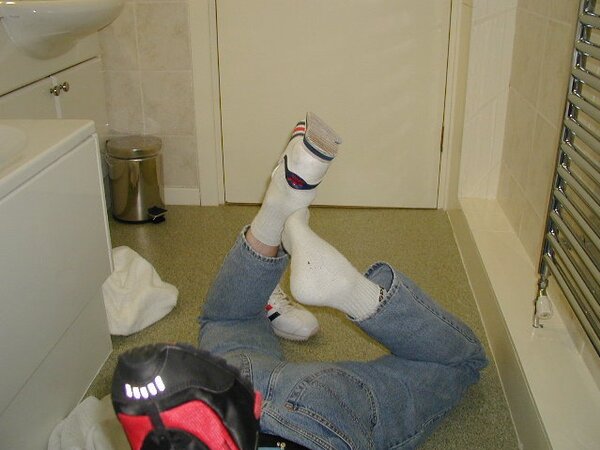Ben and Peter show off sweaty socks before footplay begins