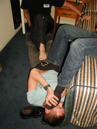 Ben and Peter show off sweaty socks before footplay begins