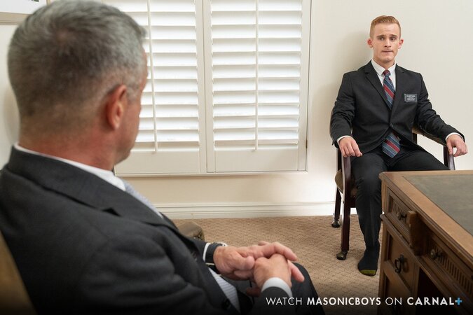 Master Scott initiates new Apprentice Dylan Tides into complete submission in his office