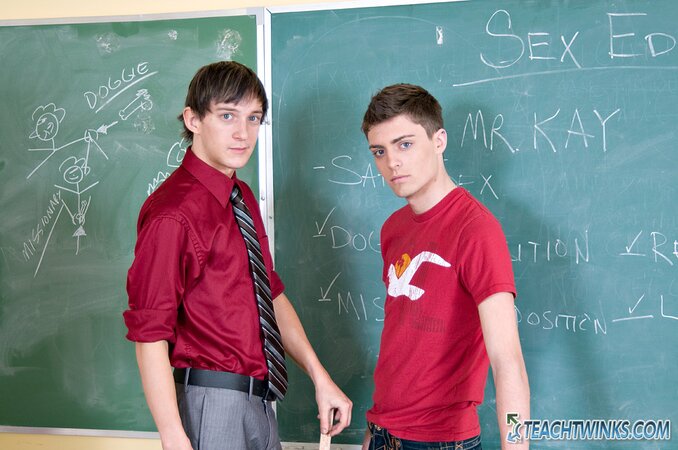 Andy Kay sucks Maddox Johnson’s cock in the classroom