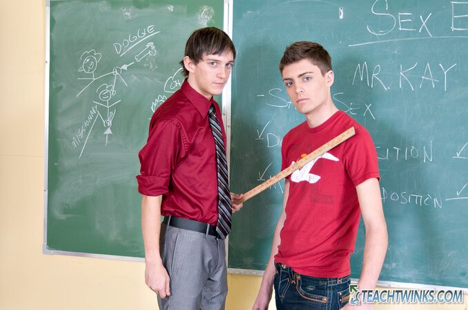 Andy Kay sucks Maddox Johnson’s cock in the classroom