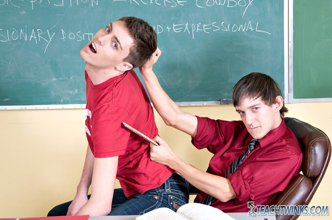 Andy Kay sucks Maddox Johnson’s cock in the classroom