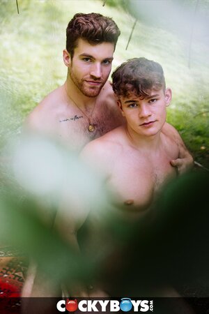 Carter Collins fucks Oliver Marks bare in the woods, cums on his chest and face