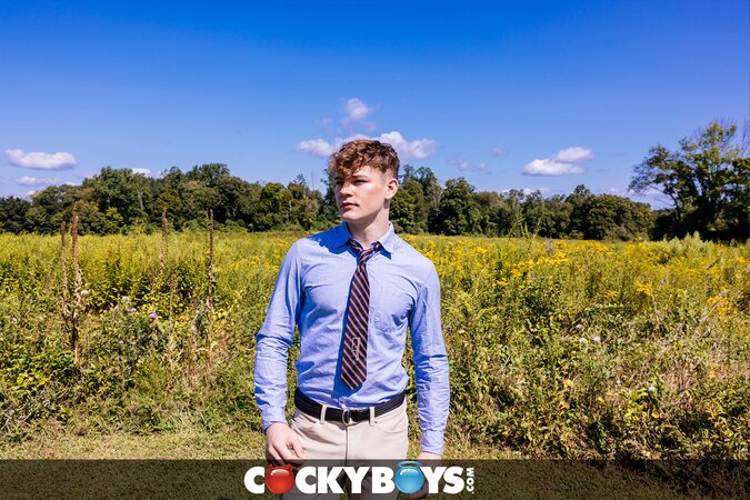Carter Collins fucks Oliver Marks bare in the woods, cums on his chest and face