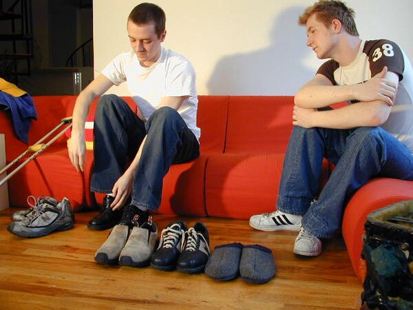 Brian Francis tries on shoes and models sexy socks for foot fetish fans