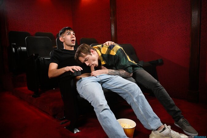 Omar Zayden surprises Jayden Marcos with wild oral and raw anal in quiet theater