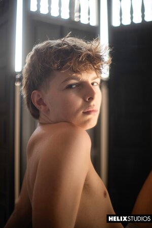 Riley White touches himself softly then cums on his smooth chest