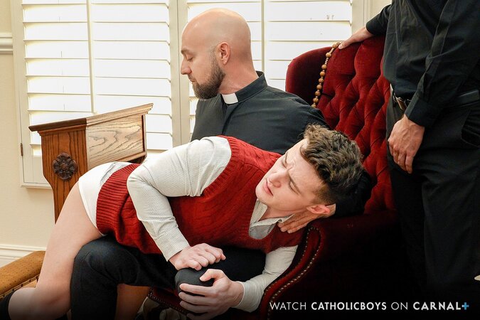 Reverend Snow and Patrick spitroast altar boy Grant Ducati