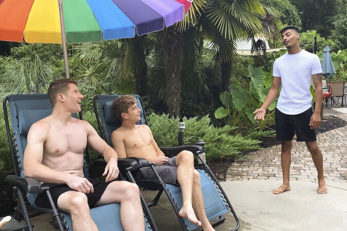 Aiden Asher and Jesse Bolton fuck Apollo Fates by pool