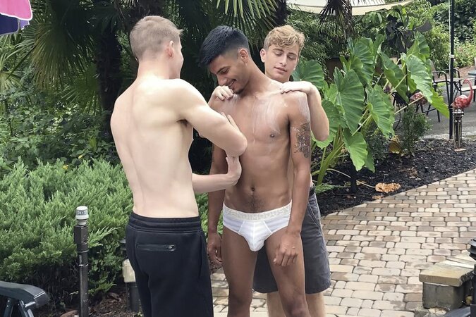 Aiden Asher and Jesse Bolton fuck Apollo Fates by pool