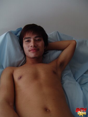 Nai jerks his thick cock until cum across body