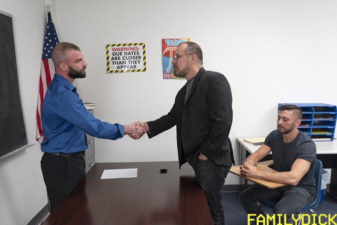 Shane Jackson and stepdad Max Sargent give teacher hands-on threesome lesson