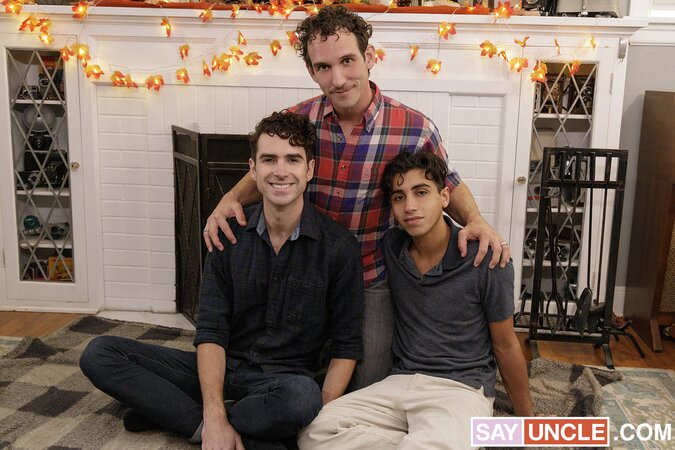 Gabe Bradshaw joins Greg and Mark for hot stepfamily fucking by firelight