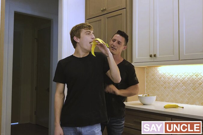 Stepdad Jax Thirio feeds Jesse Bolton banana cock then teaches deepthroat
