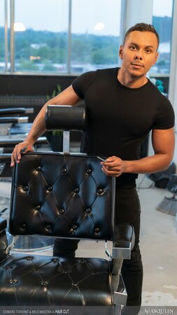 Barber Milo Madera cuts Edward Terrant’s hair then breeds him