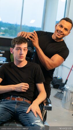 Barber Milo Madera cuts Edward Terrant’s hair then breeds him