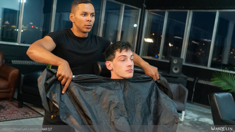 Barber Milo Madera cuts Edward Terrant’s hair then breeds him