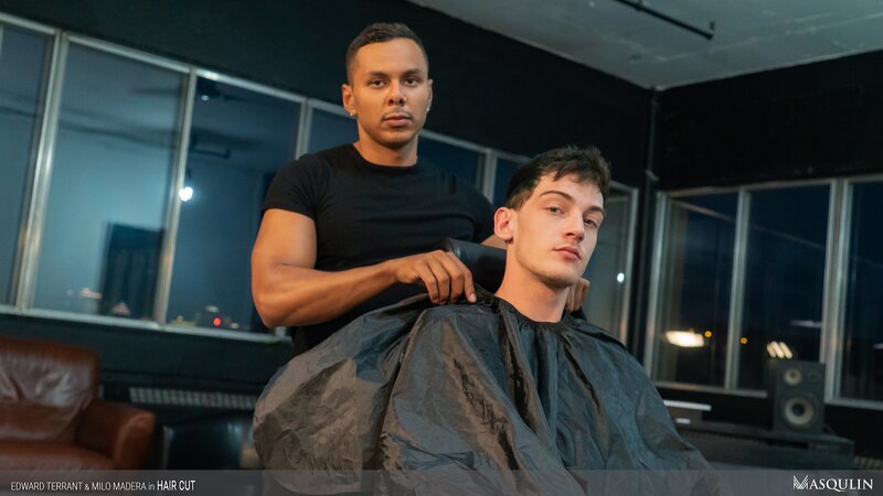 Barber Milo Madera cuts Edward Terrant’s hair then breeds him