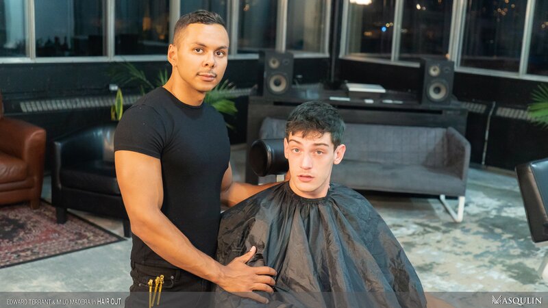 Barber Milo Madera cuts Edward Terrant’s hair then breeds him