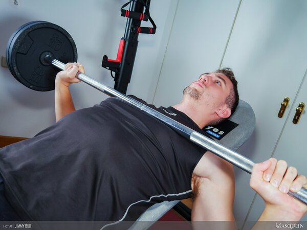 Jimmy Bud jerks huge cock on gym bench until he explodes