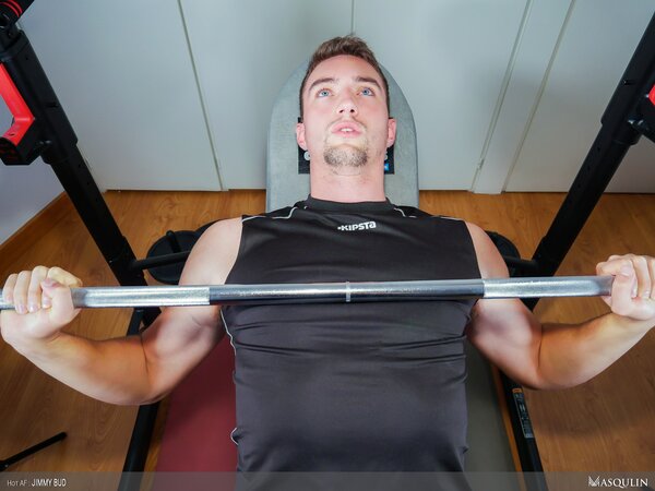 Jimmy Bud jerks huge cock on gym bench until he explodes