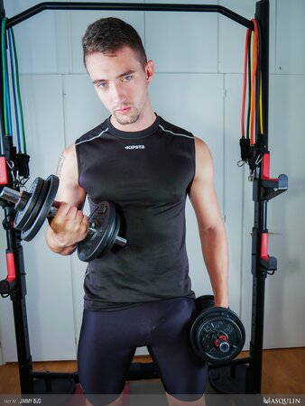 Jimmy Bud jerks huge cock on gym bench until he explodes