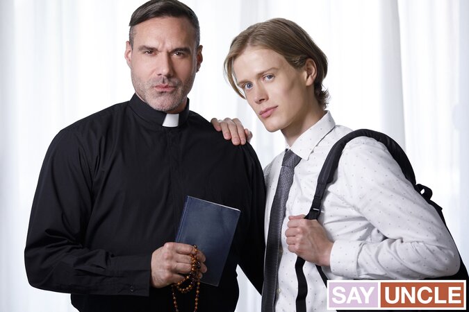 Father Skye pile-drives Adrian Hill hard on the stairs