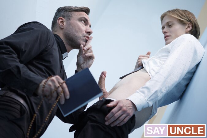 Father Skye pile-drives Adrian Hill hard on the stairs