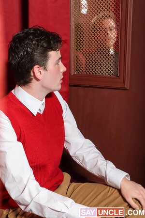 Father Corey Niles punishes Myott Hunter in the confessional