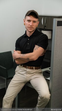 Colt Spence face-fucks officer Seth Corrigan over desk for facial finish