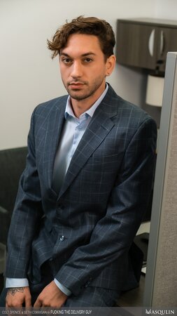 Colt Spence face-fucks officer Seth Corrigan over desk for facial finish