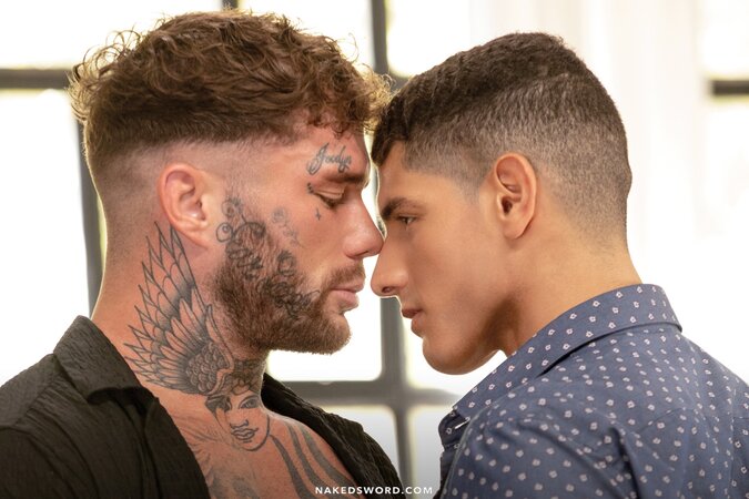 Joel Hart rims and barebacks Bastian Karim across studio velvet couch